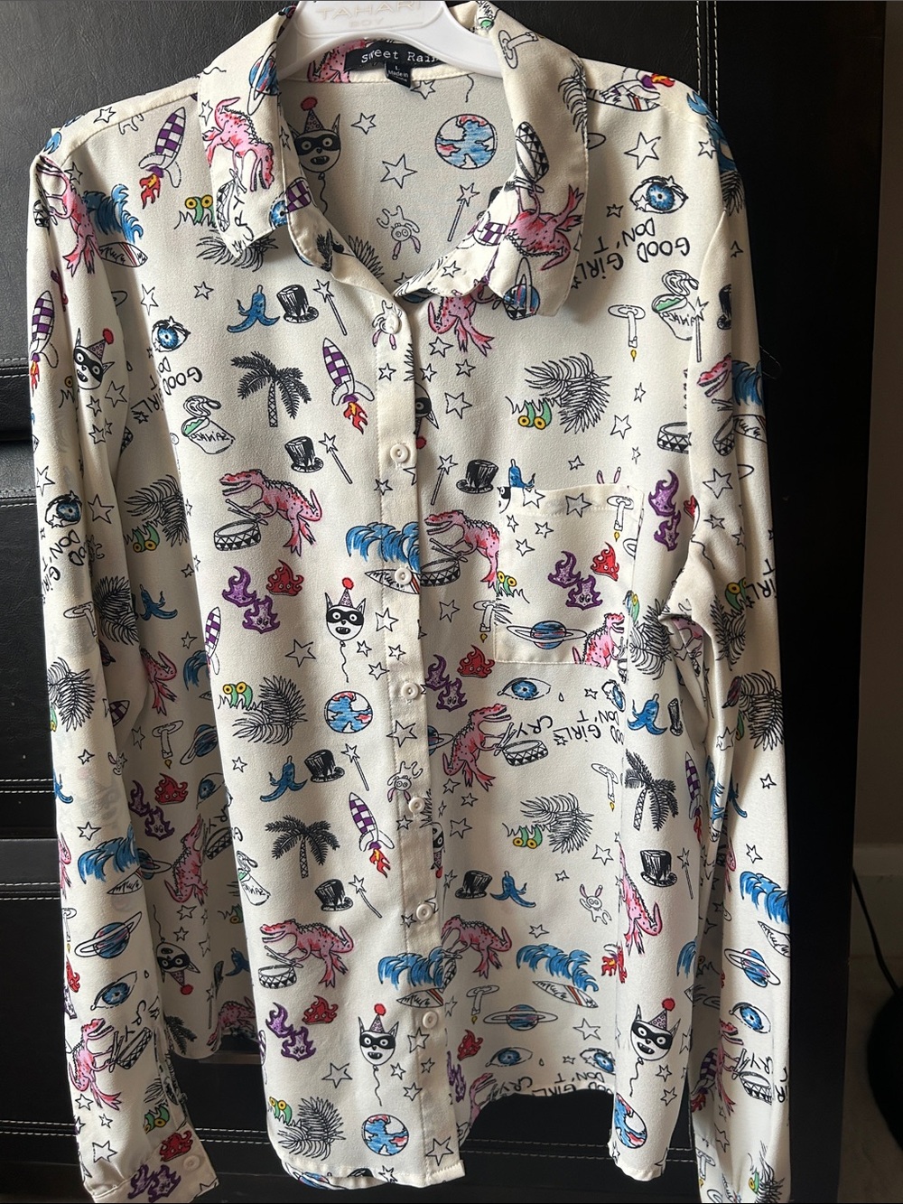 Sweet Rain Cream Button-Down Shirt with Multicolor Novelty Print